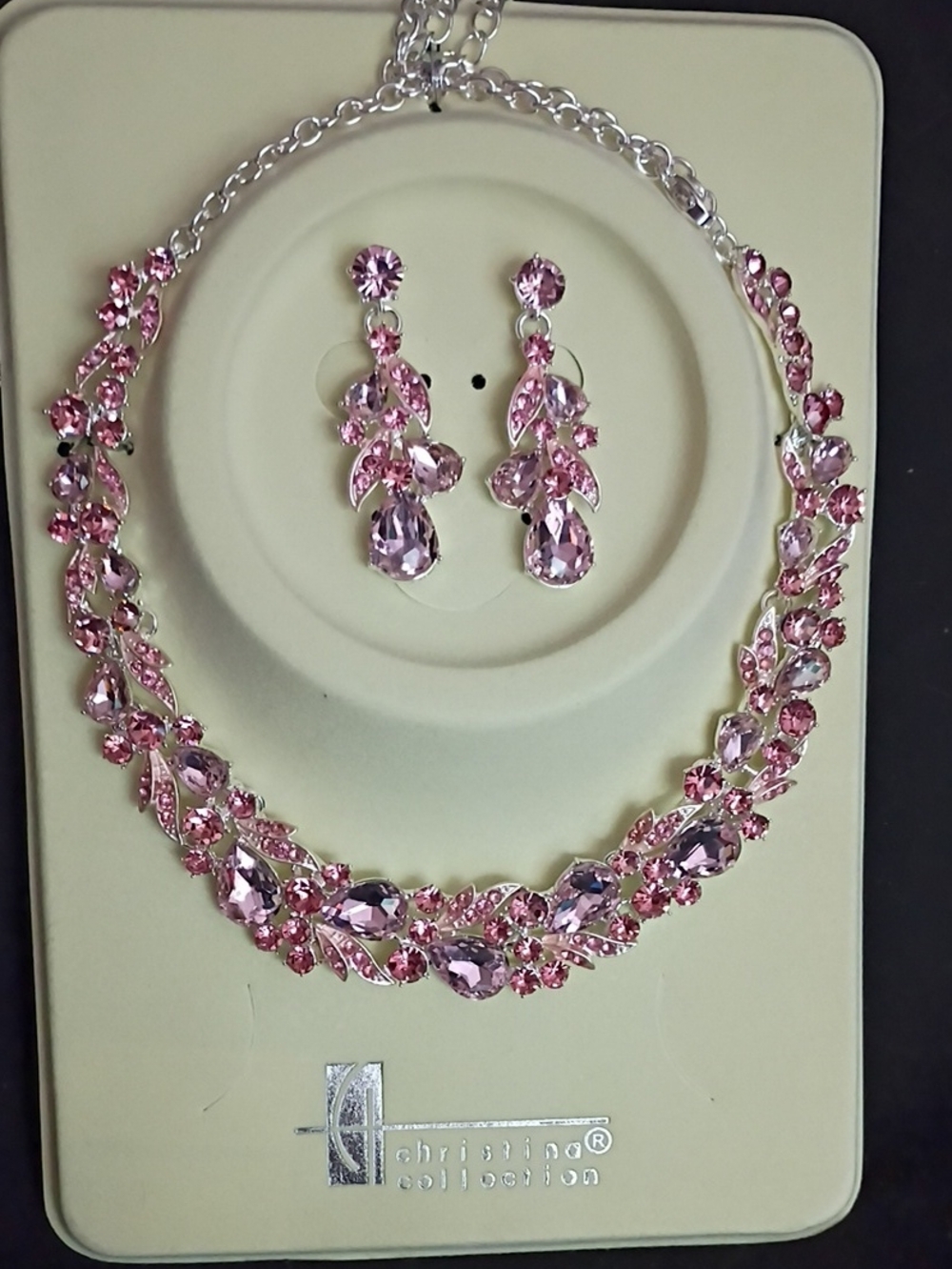 Pink Crystal Necklace and Drop Earrings Set